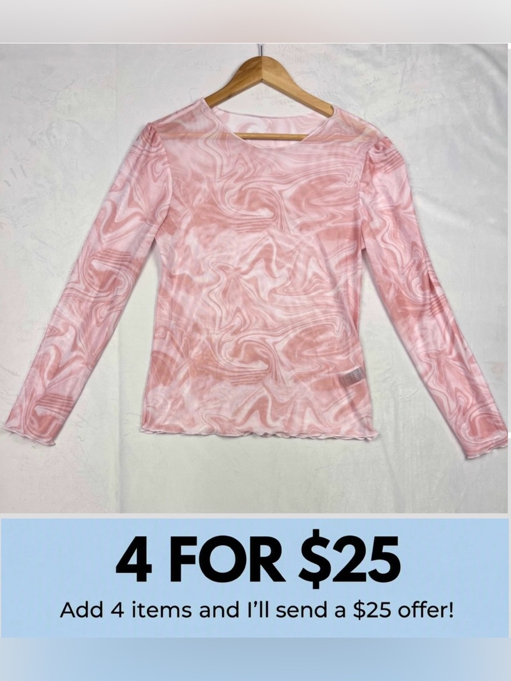 Dazy Sheer Mesh Marble Print Top Pink Swirl Y2K-Inspired Long Sleeve Size Large